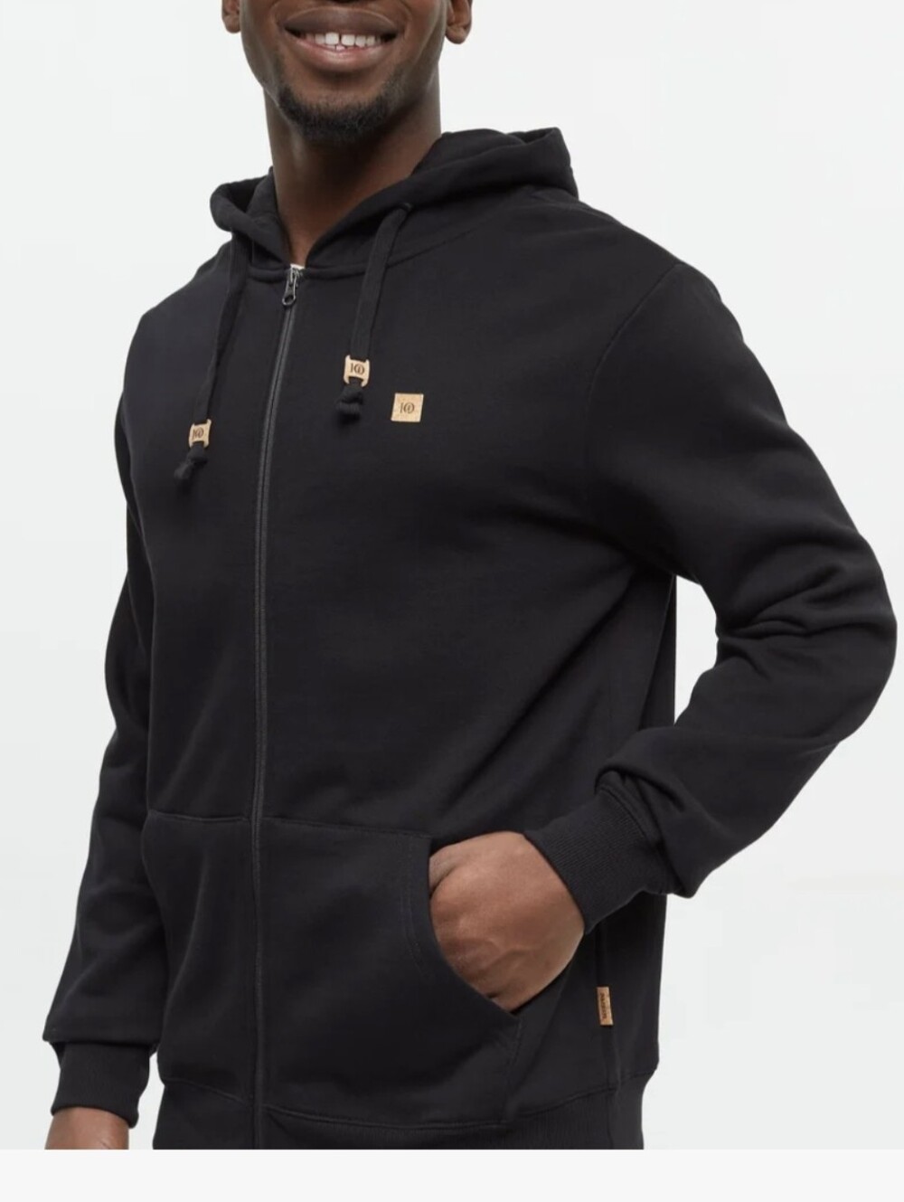 10.Deep Black Zip-Up Hooded Sweater with Tan Accents
